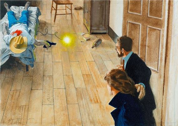 A surreal indoor scene where a person lies on the floor while others observe a glowing light.
