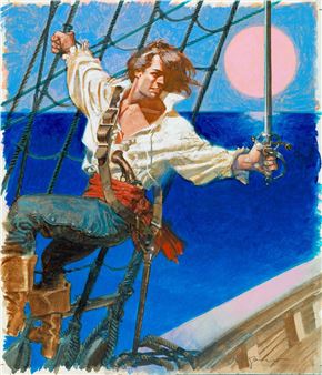 A pirate figure stands on a ship's rigging against a vibrant blue sea and sky, holding a sword.