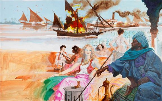 A dramatic seascape painting depicting a burning ship at sea with figures relaxing on the shore in the foreground.