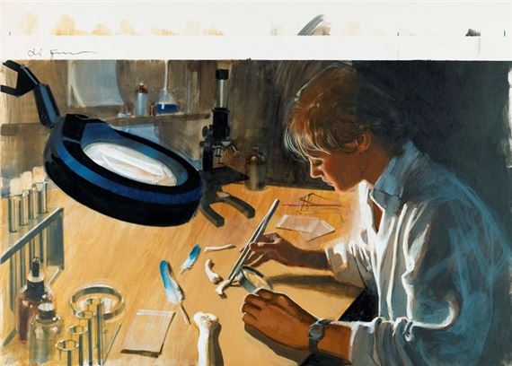 A figure in a white shirt works intently at a cluttered wooden desk under the glow of a magnifying lamp.