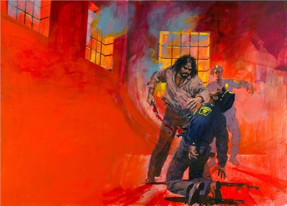 A dramatic, high-contrast painting of a violent confrontation in an industrial setting.