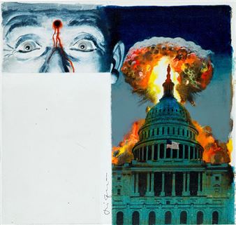 A surreal composition juxtaposing a close-up face with an exploding government building.