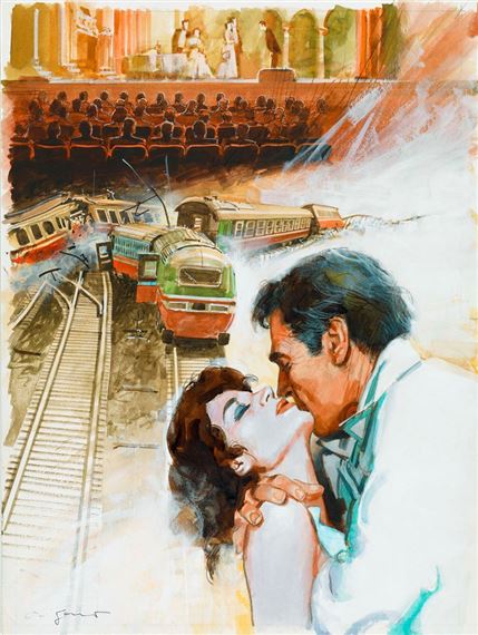 A romantic watercolor painting of a couple kissing in the foreground, with a train station and orchestra scene layered behind them.