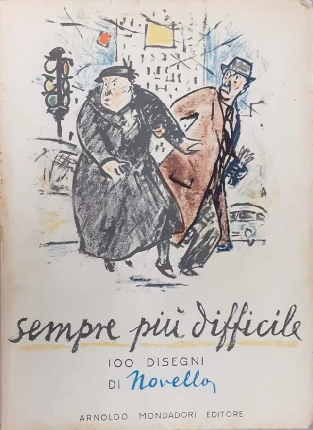 A humorous ink sketch of two figures in a city street, one pushing the other forward.