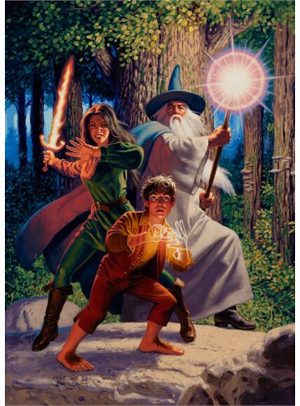 A fantasy illustration of three figures in a forest wielding magical weapons.