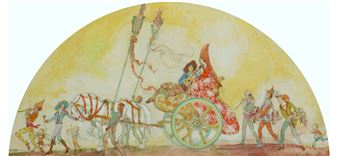 A whimsical illustration of a procession featuring a decorated carriage pulled by figures against a warm yellow background.