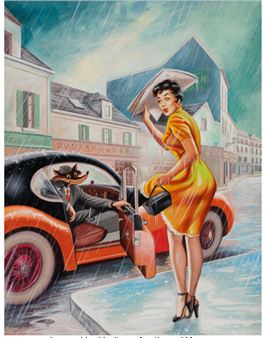 A retro-style illustration of a woman in a yellow dress and a fox-headed driver in an orange vintage car during a rainy street scene.