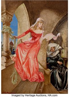 A dramatic scene featuring a woman in a flowing red dress descending steps while another figure sits in the shadows.