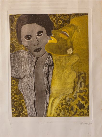 A graphic print featuring a figure in a grey shirt and a yellow abstract form against a honeycomb background.