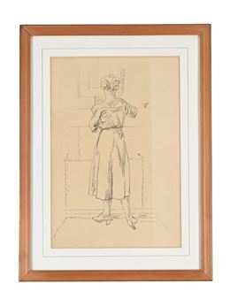 A framed charcoal sketch of a figure in a dress standing indoors.