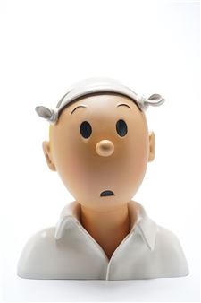 A stylized bust of a character with large eyes and a sailor hat.