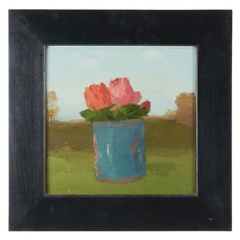 Red and Pink Roses in a Blue Can in a Landscape