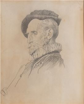 A detailed charcoal sketch of a bearded man in profile, wearing a hat and ruffled collar.