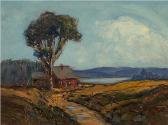 A rustic landscape painting featuring a solitary house beside a large tree, set against a distant horizon under a cloudy sky.
