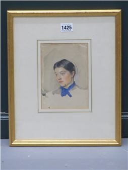 A framed watercolor portrait of a woman with dark hair and a blue bow.