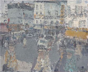An abstract textured painting featuring a layered cityscape in muted grays, blues, and ochre tones.