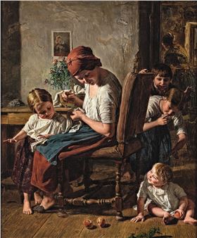 A mother sewing with her children (The concerned mother