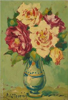 a painting of flowers in a vase on a table