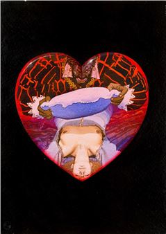 A surreal heart-shaped composition featuring a face and a floating object against a dark background.