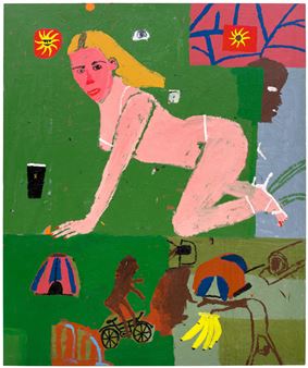 A bold, fragmented collage-style painting featuring a nude figure in a dynamic pose against a vibrant green background with surreal floating objects.