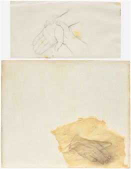 A diptych sketch featuring a hand and a small object on aged paper.