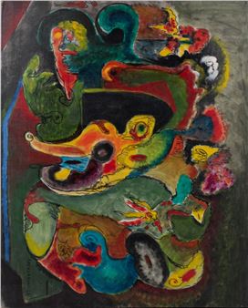 A vibrant, abstract composition of swirling organic forms in bold colors.
