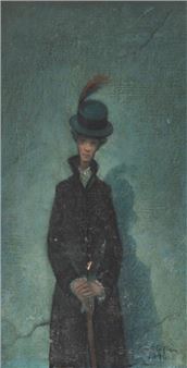 A solitary figure in a dark coat and hat stands solemnly against a textured teal background.