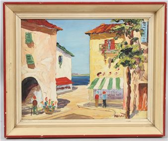 A vibrant street scene in a coastal town featuring a cafe, colorful buildings, and figures enjoying the sunny day.