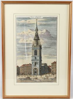 A painting of a church with a clock tower in the background.