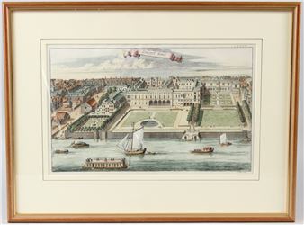 A framed print of a view of a city with boats in the water.