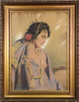A painting of a woman with a flower in her hair.