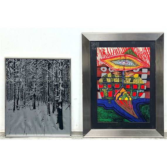A couple of framed pictures hanging on a wall.