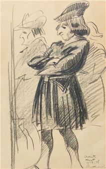A charcoal sketch of two figures in period clothing, one leaning against a wall.