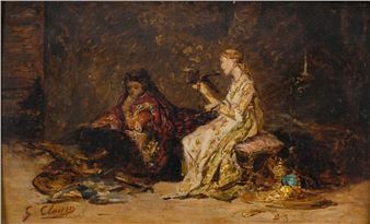 A dimly lit interior scene featuring two figures in ornate attire, one seated and the other reclining, surrounded by scattered objects.