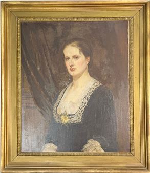 A formal portrait of a woman in dark dress with lace trim, framed in ornate gold.