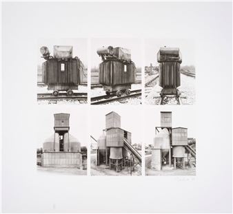 A black-and-white diptych of industrial machinery and railway equipment arranged in a grid.