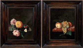 A pair of dark wood-framed still life paintings featuring fruit and flowers.