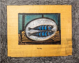 A stylized still life of two blue-striped fish on a white platter against a textured background.
