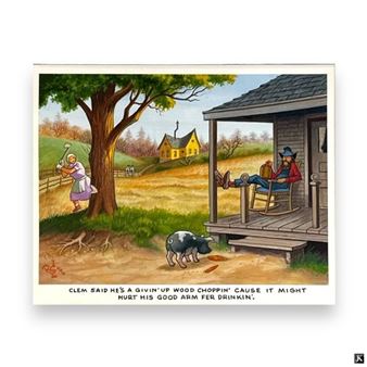 A rural scene depicting a woman chopping wood while a man relaxes on a porch, with a pig wandering nearby.