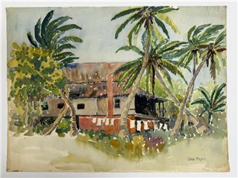 A watercolor landscape of a rustic hut nestled among palm trees and foliage.