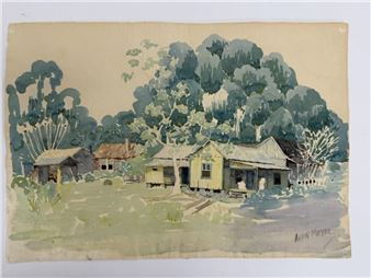 A watercolor landscape of a rural homestead nestled among large trees.