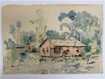 A watercolor landscape of a rustic wooden house nestled among lush green trees.