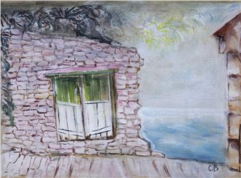 A watercolor painting of a rustic stone building with green shutters overlooking the sea.