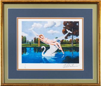 A surreal painting of a nude figure reclining on a swan in a serene landscape.