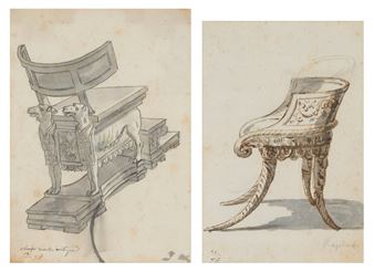 A diptych sketch comparing a chair with animal legs to an ornate chair with horn-like legs.