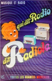A vibrant retro advertisement featuring a cheerful cartoon figure and vintage radios against a purple background with concentric wave lines.