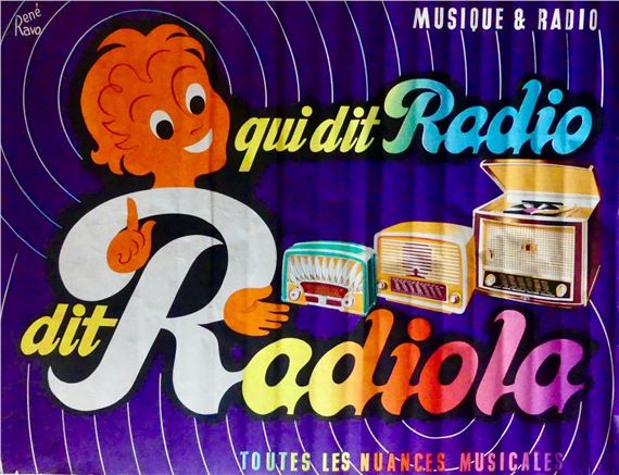 A vibrant retro-style advertisement featuring a cartoon character and vintage radios against a purple background.