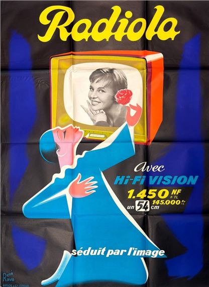 A vibrant retro advertisement featuring a stylized blue figure holding a television set with a smiling face and flower.