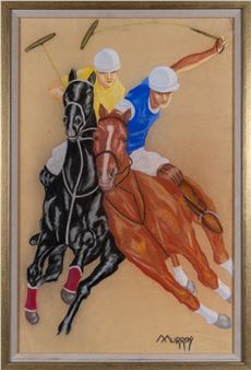 A dynamic illustration of two polo players on horseback competing for the ball.