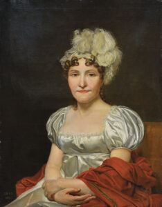 A formal portrait of a seated woman in an elegant white gown with a voluminous powdered wig.